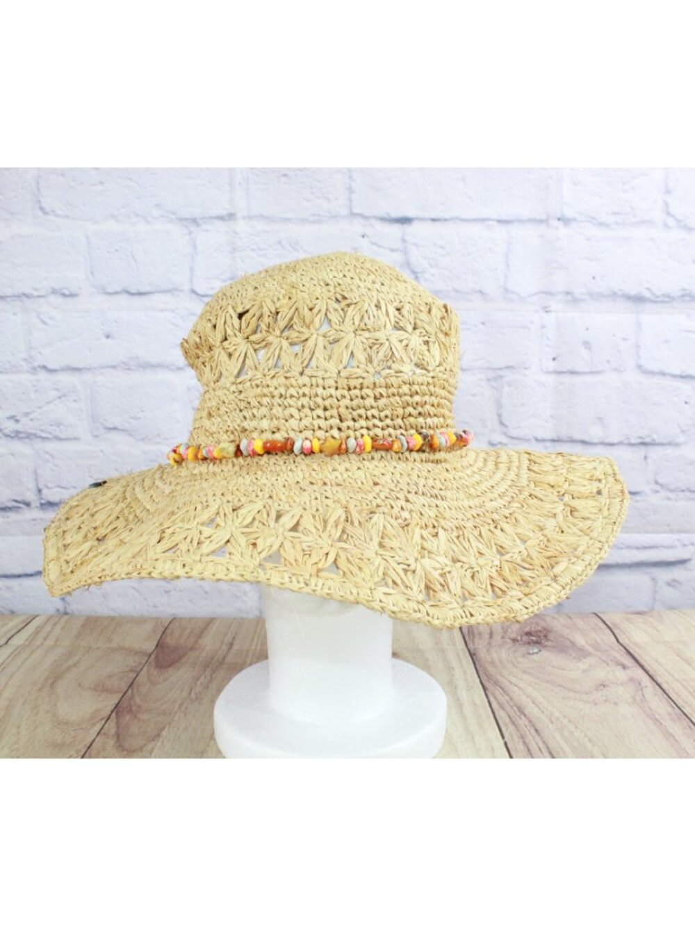 Wet Natural Fiber Raffia Straw Sun Hat Beaded Wide Brim Boho Size Medium